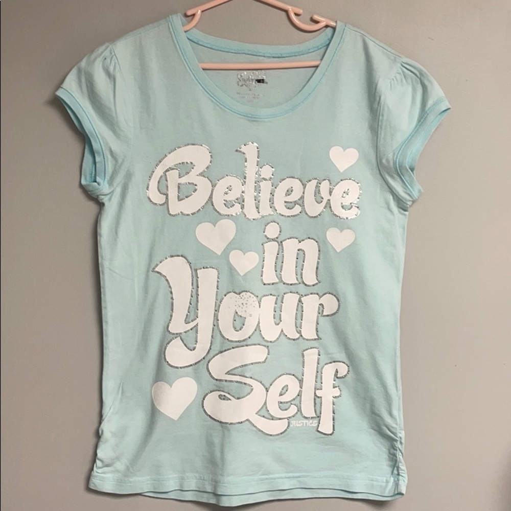 Girl's Justice light blue graphic Tee, L 14